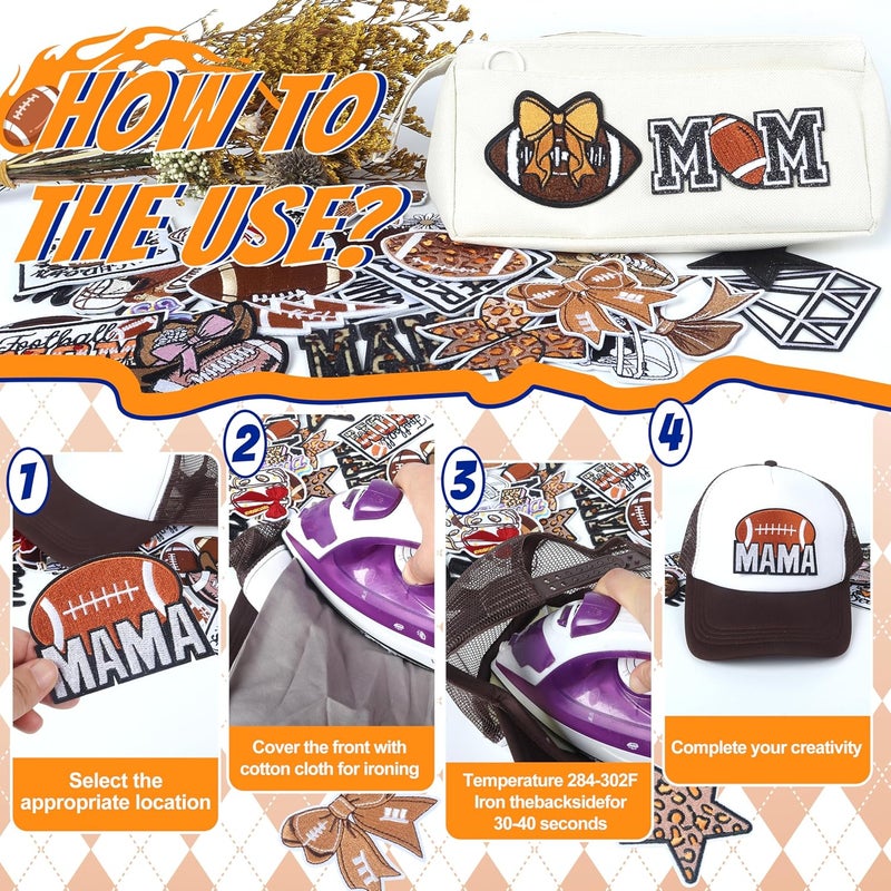 Meneng Iron On Football Mama Patches: 32PCS Embroidered Football Bow Cheer Patch for Mom & Kids - Energetic Football DIY Crafts for Clothing Hats Backpacks Jerseys Jeans - Image 3